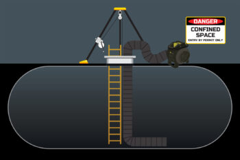 Exemplificação do uso do Ex air mover em conjunto com o Duto reforçado antiestático SAFD em espaços confinados.